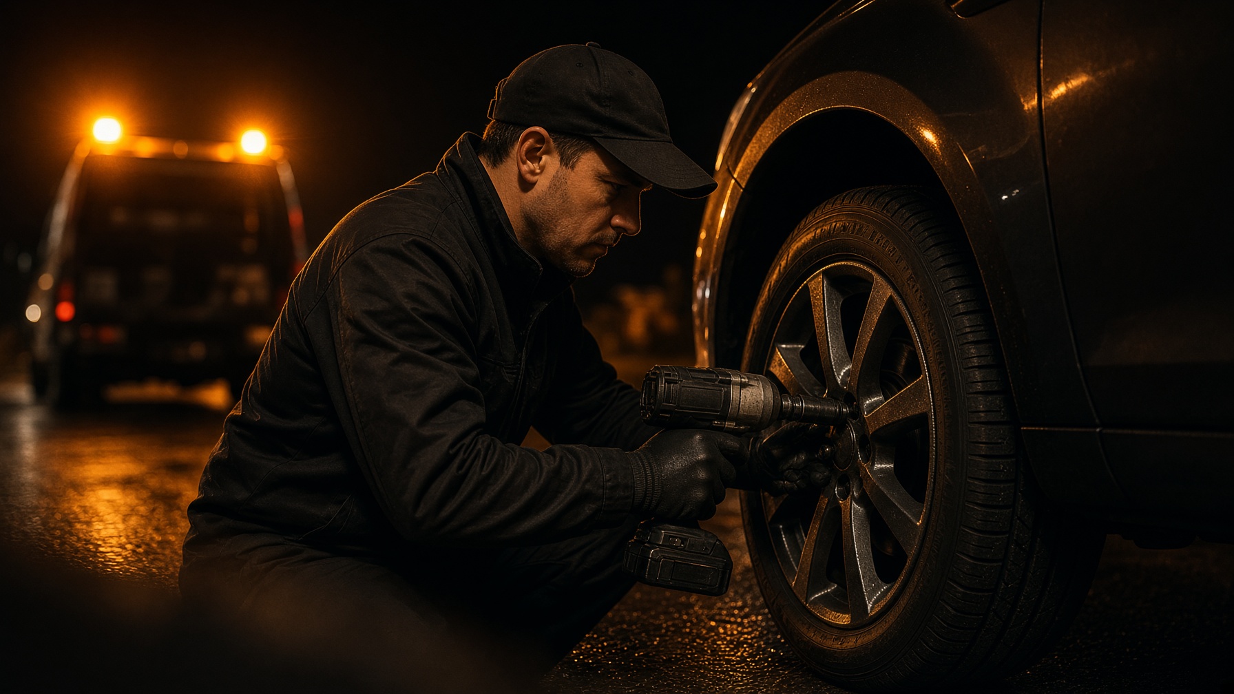 Mobile tyre fitter changing a wheel at night beside emergency lights